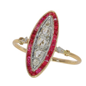Ruby Framed Art Deco Ring with Rose Cut Diamonds, France circa 1920